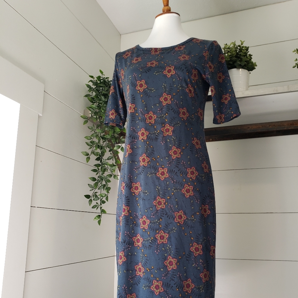 Lularoe Julia Dress M Blue Grey Floral